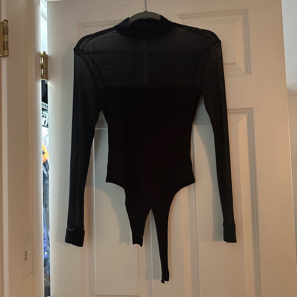 Kittenish Mock Neck Mesh Long Sleeve Bodysuit Black Size Small